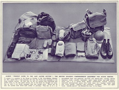 De uitgebreide uitrusting van de Britse soldaten voor actieve dienst, uit The Illustrated War News, gepubliceerd op 8 november 1939 door English Photographer